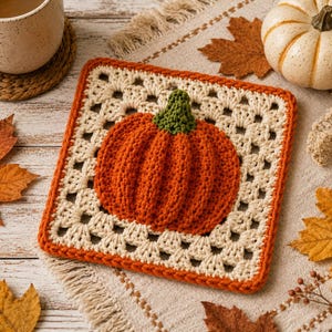 Puede incluir: Un posavasos cuadrado de ganchillo tipo granny square con una calabaza naranja tridimensional y un tallo verde en el centro. El cuadrado presenta un patrón calado de color crema bordeado por un remate de lana naranja con textura.