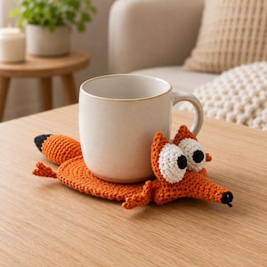 Puede incluir: Una taza de cerámica beige sobre un posavasos de ganchillo con forma de zorro naranja. El posavasos tiene un cuerpo redondo, una cola puntiaguda con la punta negra y una cabeza de zorro con grandes ojos blancos, pupilas negras y nariz negra.