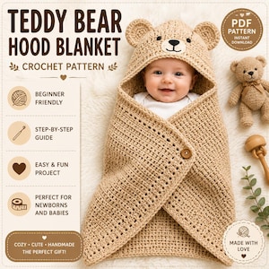 Puede incluir: Un patrón de ganchillo para una manta con capucha de oso de peluche color canela que muestra a un bebé envuelto en el producto terminado. El texto dice TEDDY BEAR HOOD BLANKET CROCHET PATTERN, BEGINNER FRIENDLY, STEP-BY-STEP GUIDE, EASY & FUN PROJECT, MADE WITH LOVE.