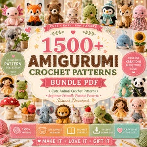 Puede incluir: Un paquete digital de más de 1500 patrones de ganchillo amigurumi en formato PDF. La portada muestra una colección de peluches tejidos a ganchillo, incluyendo animales como un zorro, oso, koala, elefante, león y tortuga, junto con texto.