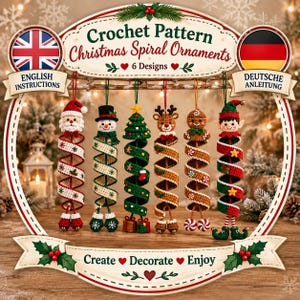 Peut inclure: Six ornements de Noël en spirale au crochet représentant un père Noël, un bonhomme de neige, un sapin, un renne, un bonhomme en pain d'épice et un elfe. Le motif inclut le texte Crochet Pattern Christmas Spiral Ornaments et Create Decorate Enjoy.
