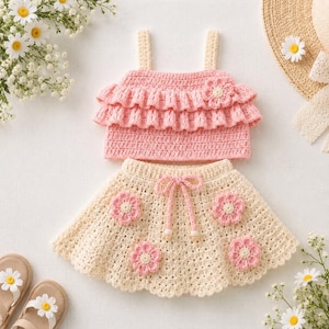 Puede incluir: Un conjunto de dos piezas de ganchillo que consta de un top rosa sin mangas con volantes de doble capa y un pequeño detalle floral, junto con una falda color crema con cordón ajustable y cuatro aplicaciones florales de ganchillo rosa.