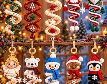 May include: Ten crocheted Christmas ornaments hanging in two rows. Characters include a penguin, gingerbread house, reindeer, Mrs. Claus, gnome, angel, polar bear, snowman, gingerbread person, and another penguin, all with spiral bodies.