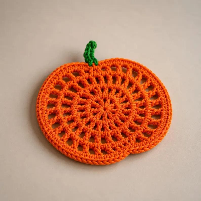 May include: A round, orange crochet coaster shaped like a pumpkin, featuring an intricate openwork pattern throughout the body and a small, textured green stem attached to the top edge, creating a flat, circular textile design.