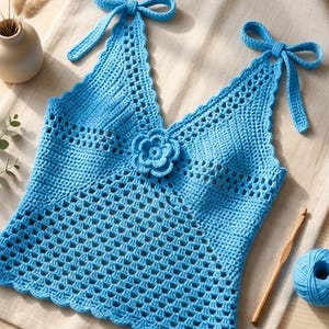 Puede incluir: Un top halter de ganchillo azul brillante con escote en V, delicados bordes festoneados y dos tirantes atados en lazos. Una flor de ganchillo tridimensional está centrada en el escote y la sección inferior tiene un patrón de calados.