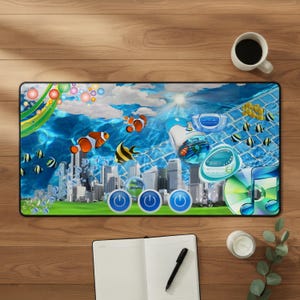 May include: A rectangular desk mat featuring a vibrant underwater scene with clownfish, angelfish, and a city skyline. The design includes floating bubbles, a digital clock, a music note icon, and three blue power buttons along the bottom edge.
