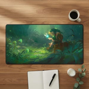 May include: A rectangular desk mat featuring a digital illustration of a character with blonde hair wearing a green tunic and cap, sitting in a dark forest setting while reaching toward a glowing blue fairy, surrounded by lush green foliage.