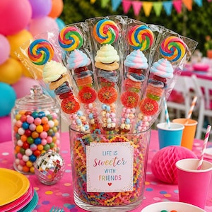 May include: A clear glass jar filled with colorful candy, holding five skewers topped with rainbow swirl lollipops, marshmallows, and gummy candies. A white label on the jar features the text "LIFE IS sweeter WITH FRIENDS" in colorful font.