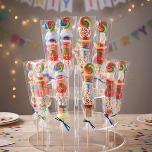 May include: A clear acrylic tiered display stand holding multiple candy skewers wrapped in transparent plastic. Each skewer features a variety of colorful gummy candies, marshmallows, and a round lollipop at the top, secured with blue ribbons.