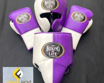 No Boxing Life Leather Set: Gloves, Headgear, Groin Guard ( Purple White )