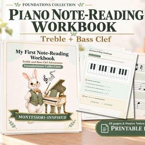 May include: A piano note-reading workbook titled My First Note-Reading Workbook Treble and Bass Clef Adventures Foundations Collection featuring a rabbit in a vest and bowtie standing by a piano. Includes a keyboard map challenge and 48 pages.