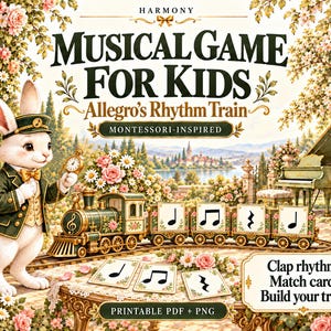 May include: A musical game for kids titled Allegro's Rhythm Train featuring a white rabbit conductor in a green uniform, a toy train with musical note cards, a grand piano, and text reading Clap rhythms, Match cards, Build your train.