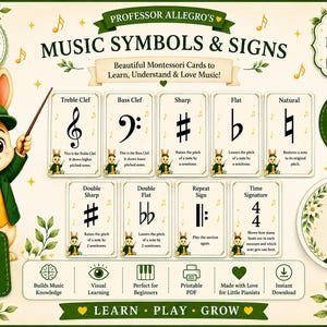 Può includere: Una collezione di carte Montessori con simboli musicali e un coniglio dei cartoni animati in abito verde. Le carte mostrano notazioni musicali tra cui chiave di violino, chiave di basso, diesis, bemolle, bequadro, doppio diesis, doppio bemolle e tempo.
