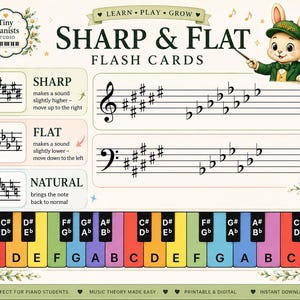 以下が含まれることがあります： 「Sharp & Flat」と題された音楽学習用フラッシュカード。シャープ、フラット、ナチュラルの楽譜、音名が記されたカラフルなピアノ鍵盤の図、指揮者姿のウサギのキャラクター、そしてクリーム色の背景に花柄の装飾が描かれています。