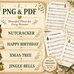 Op de afbeelding: Een digitale collectie bladmuziek in PNG- en PDF-formaat met titels zoals Nutcracker, Happy Birthday, Xmas Tree en Jingle Bells. De weergave bevat een lijst met liedjes met iconen en gedrukte muzieknotatie op crèmekleurig papier.