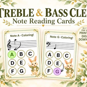 Può includere: Due schede rettangolari per la lettura delle note intitolate Treble & Bass Clef Note Reading Cards. Ogni scheda presenta un pentagramma musicale, un coniglio dei cartoni animati e cerchi con le lettere dalla A alla G. Una scheda evidenzia la nota A, l'altra la nota G.