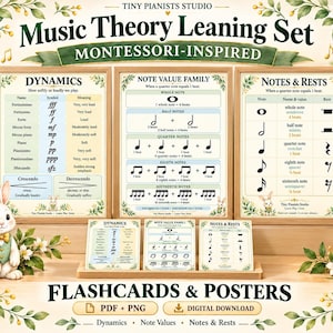 May include: A set of three educational posters and three matching flashcards titled Music Theory Leaning Set, featuring charts for dynamics, note values, and notes and rests. The designs include botanical illustrations and a small rabbit character.