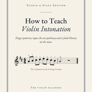 May include: A book cover titled How to Teach Violin Intonation, Studio & Staff Edition. The text includes Finger patterns, tapes, the ear pathway and a fault library on the stave. It features a musical staff with notes and The 2-3 pattern on the A string, D major.