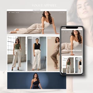Puede incluir: Una visualización digital del sitio web Vogue Apparel en una pantalla de escritorio y un teléfono inteligente, mostrando varias prendas como tops, pantalones y monos en tonos neutros, con el texto Vogue Apparel y Timeless Women Fashion.