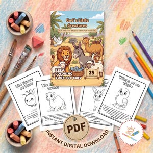 Puede incluir: Un libro de colorear digital titulado God's Little Creatures con una portada colorida que muestra un león, un burro, un camello y ovejas, rodeado de varias páginas para colorear en blanco y negro, pinceles, lápices y un icono de PDF.