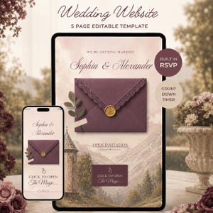 May include: A digital wedding website template displayed on a tablet and smartphone screen. The design features a mauve envelope with lace trim and a gold wax seal, set against a landscape background. Text includes Wedding Website, 5 PAGE EDITABLE TEMPLATE, Sophia & Alexander, BUILT IN RSVP, COUNT DOWN TIMER, OPEN INVITATION, and CLICK TO OPEN The Magic.