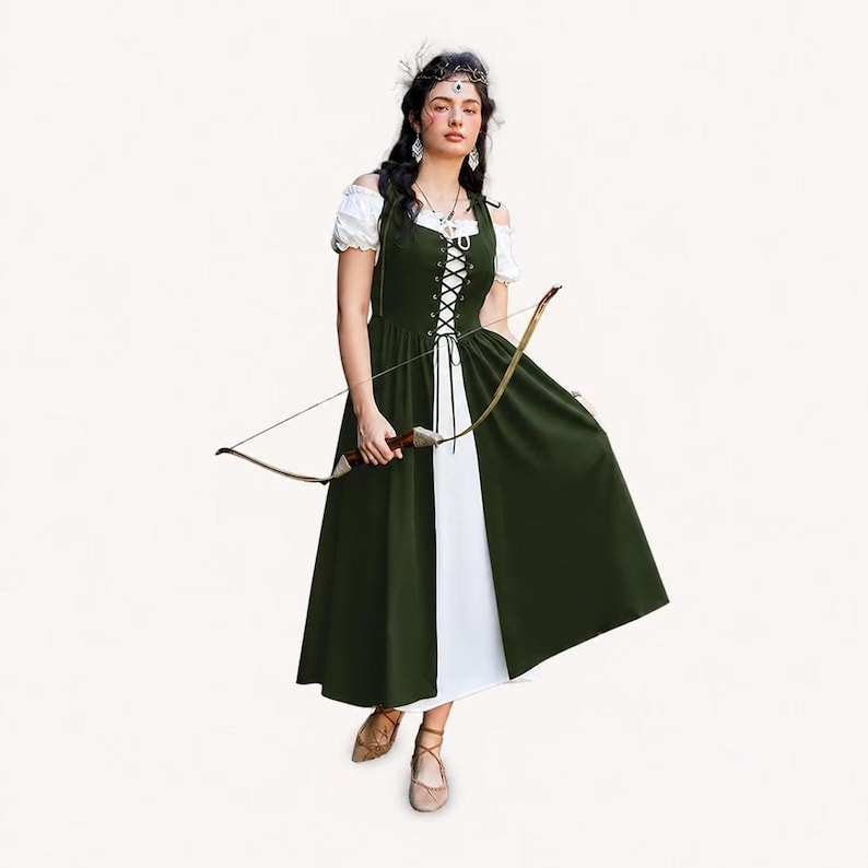 A model wearing a green and white Renaissance costume holds a bow and arrow.