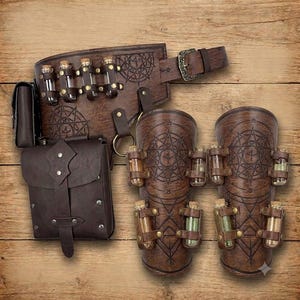 May include: A brown leather belt with an attached pouch and four small glass vials, accompanied by two matching brown leather arm bracers, each featuring an engraved star-like symbol and four additional small glass vials secured by metal studs.