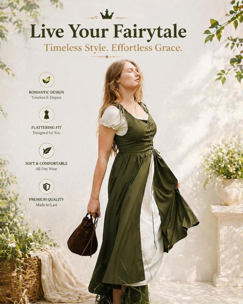 A model standing outdoors in a scenic courtyard wearing the green and white fairy dress and holding a pouch.