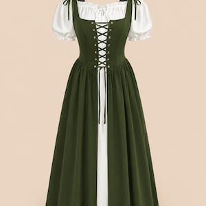 A green and white medieval-style dress displayed on a mannequin against a plain background.