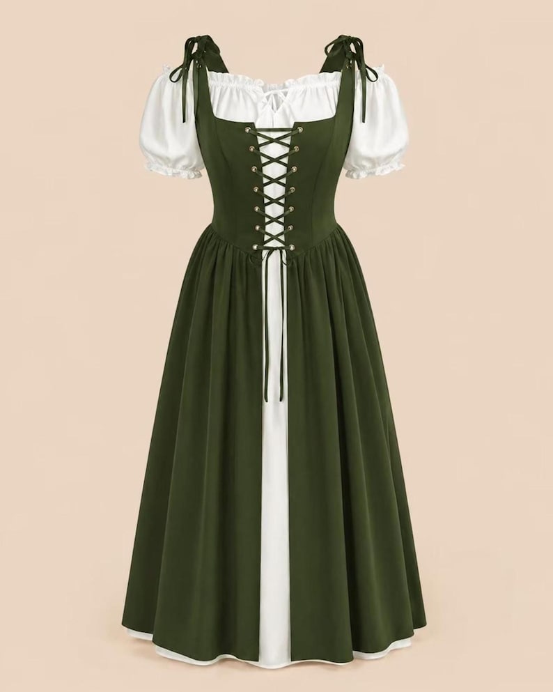 A green and white medieval-style dress displayed on a mannequin against a plain background.