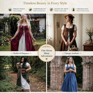 A collage graphic displaying four different colored variations of the medieval dress in various outdoor settings.
