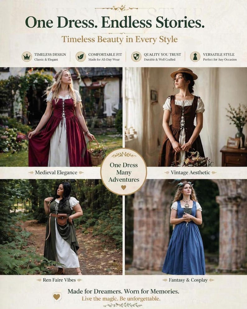 A collage graphic displaying four different colored variations of the medieval dress in various outdoor settings.