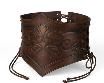 Women Renaissance Corset Belt Wide Lace Up Cinch, Viking Medieval Faux Leather Elastic Belt, Pirate Fairy LARP Cosplay Outfit Accessory