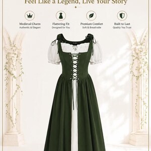 A promotional graphic showing the green and white medieval dress between stone pillars with text above.
