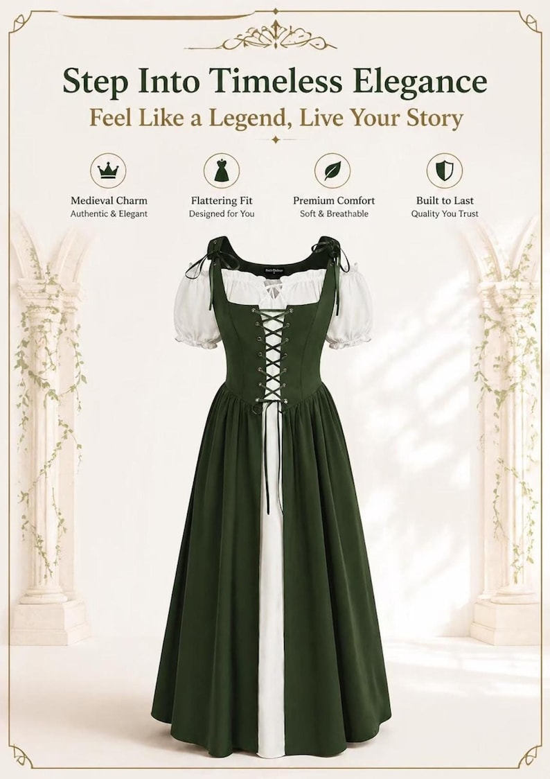 A promotional graphic showing the green and white medieval dress between stone pillars with text above.