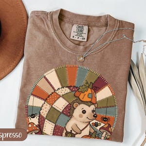 Hedgehog Halloween T-Shirt, Cottagecore Patchwork Fall Tee for Autumn Lovers, Whimsical Spooky Graphic Shirt, Gift for Her