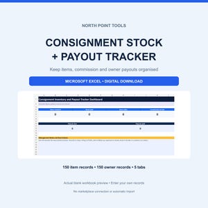 May include: A digital Microsoft Excel consignment stock and payout tracker spreadsheet. The interface displays a dashboard for inventory, items sold, gross sales, commission earned, payouts due, payouts paid, and management notes for 150 records.