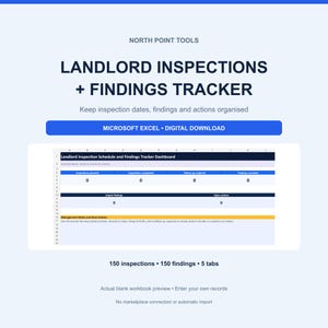Puede incluir: Una plantilla digital de Microsoft Excel para el seguimiento de inspecciones y hallazgos de propietarios. El documento incluye un panel con secciones para inspecciones planificadas, completadas, seguimiento requerido y acciones abiertas.