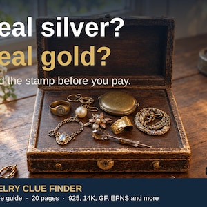 May include: A dark wooden box containing various pieces of jewelry, including rings, a brooch, and a chain. Text on the image reads: Real silver? Real gold? Read the stamp before you pay. JEWELRY CLUE FINDER. Printable guide, 20 pages, 925, 14K, GF, EPNS.