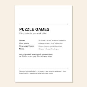 Op de afbeelding: Een wit digitaal document getiteld PUZZLE GAMES met 250 puzzels voor e-ink tablets. Het bevat 100 Sudoku's, 60 woordzoekers, 50 Kings logische puzzels en 40 doolhoven. De tekst vermeldt dat het is geoptimaliseerd voor Kindle Scribe, reMarkable en Boox.