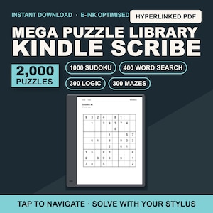 Op de afbeelding: Een digitale puzzelbibliotheek voor Kindle Scribe met 2.000 puzzels, waaronder 1.000 Sudoku's, 400 woordzoekers, 300 logische puzzels en 300 doolhoven. De e-ink geoptimaliseerde, hyperlinked PDF is ontworpen voor gebruik met een stylus.