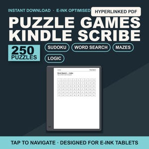 Op de afbeelding: Een digitale puzzelcollectie voor Kindle Scribe met 250 puzzels, waaronder Sudoku, woordzoekers, doolhoven en logicaspellen. De hyperlinked PDF toont een woordzoeker-indexpagina met genummerde vakjes op een tablet-scherminterface.