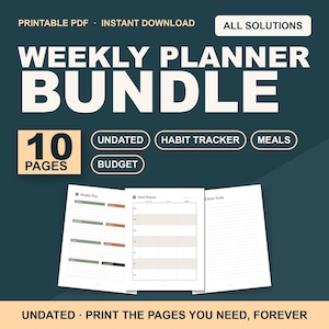 Op de afbeelding: Een digitaal weekplanner-pakket met 10 pagina's, inclusief ongedateerde lay-outs, gewoonte-trackers, maaltijdplanners en budgetbladen. De tekst luidt: PRINTABLE PDF, INSTANT DOWNLOAD, ALL SOLUTIONS, WEEKLY PLANNER BUNDLE, 10 PAGES, UNDATED, HABIT TRACKER, MEALS, BUDGET.