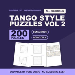 Op de afbeelding: Een digitaal document getiteld Tango Style Puzzles Vol 2 met 200 puzzels met zon- en maaniconen. De printbare PDF bevat logische rasterpuzzels met oplossingen. De donkerpaarse achtergrond toont witte tekst en lichtpaarse accenten.