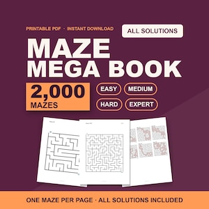 Könnte beinhalten: Ein digitales Maze Mega Book mit 2.000 Labyrinthen in den Schwierigkeitsstufen einfach, mittel, schwer und experte. Die Grafik zeigt weißen Text auf dunkelviolettem Hintergrund sowie Beispielseiten und den Hinweis auf alle Lösungen.