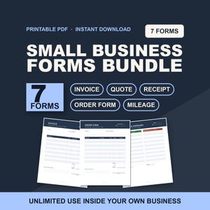 Op de afbeelding: Een digitaal pakket van 7 formulieren voor kleine bedrijven, waaronder een factuur, offerte, kwitantie, bestelformulier en kilometerregistratie. De printbare PDF-set heeft een strakke, professionele lay-out met witte pagina's en donkerblauwe koppen.