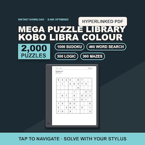 Pode incluir: Uma biblioteca de puzzles em PDF com hiperligações para Kobo Libra Colour, incluindo 2.000 puzzles, sendo 1.000 Sudokus, 400 caça-palavras, 300 de lógica e 300 labirintos. O ecrã mostra uma grelha de Sudoku com o texto Tap to navigate, solve with your stylus.