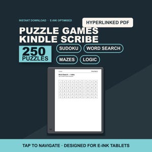 Op de afbeelding: Een digitaal puzzelspelbestand voor Kindle Scribe met 250 puzzels, waaronder Sudoku, woordzoekers, doolhoven en logica. De hyperlinked PDF toont een woordzoeker-indexpagina met genummerde vakjes op een e-ink tabletscherm.