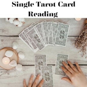 May include: A deck of tarot cards with a grey and white ornate pattern on the back, arranged in a fan shape with three cards placed separately below. The text "Single Tarot Card Reading" is printed in black at the top of the image.