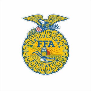 May include: A die-cut sticker featuring the FFA emblem with a yellow sunburst background, a blue eagle at the top, and a central owl perched on a plough. The text reads Agricultural Education and FFA in blue lettering against a yellow circular border.